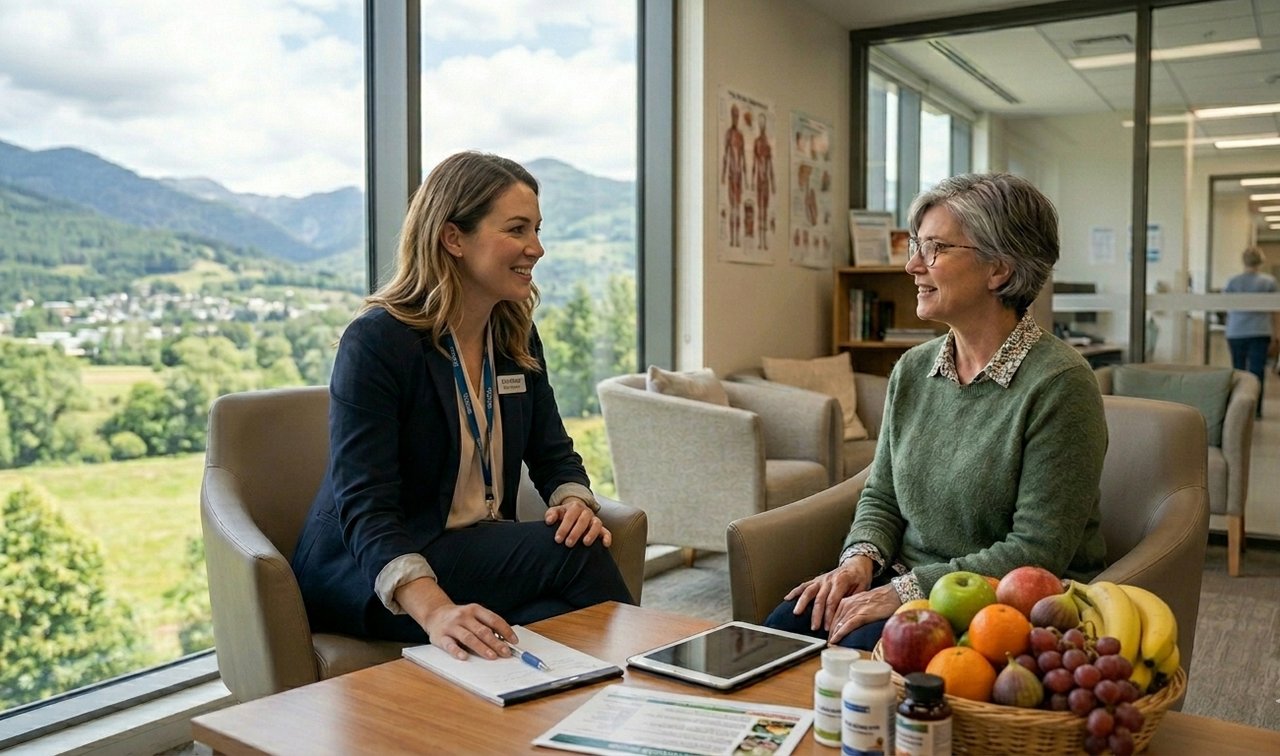 Nutritionist and client talking together at a table in a bright office